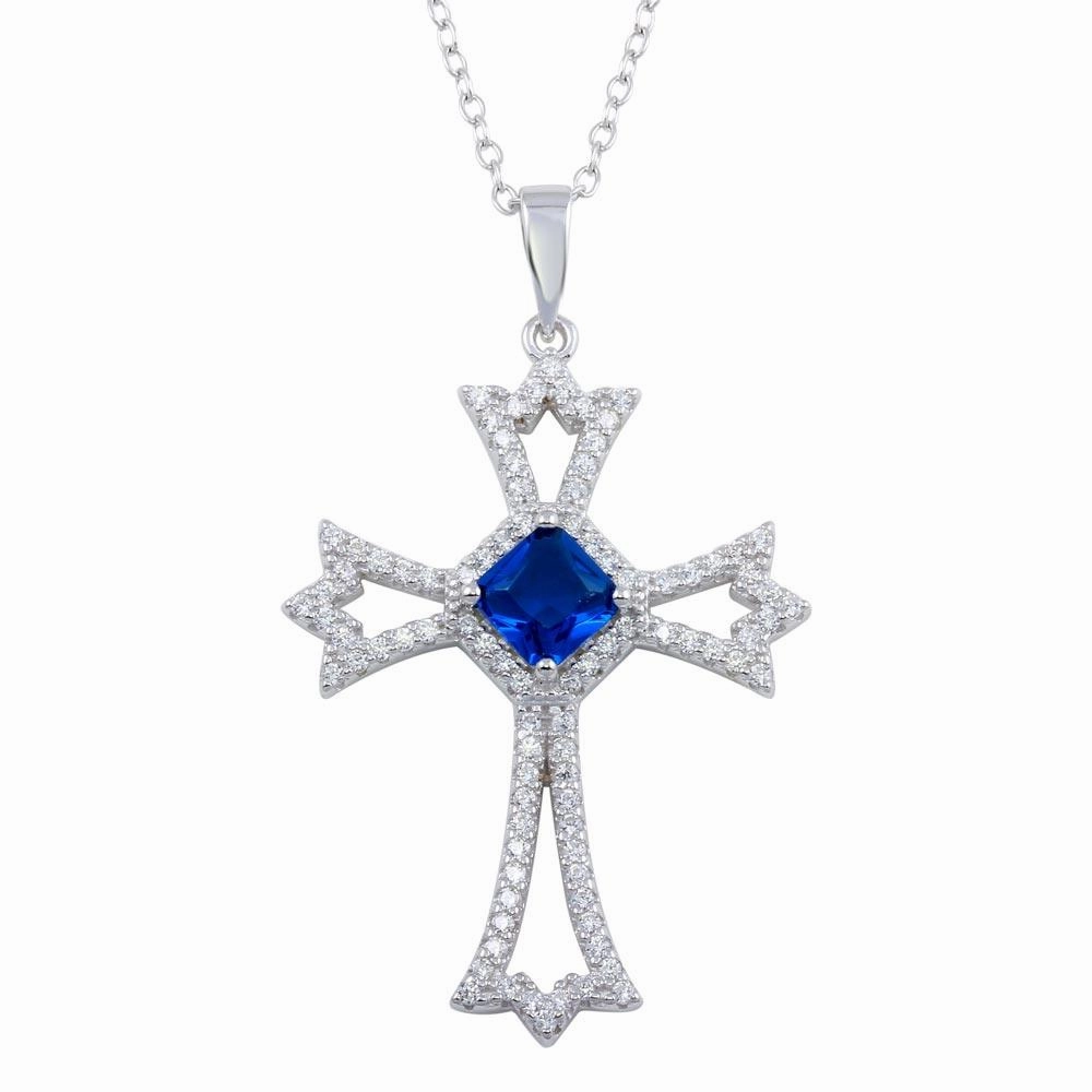 Rhodium Plated 925 Sterling Silver Blue CZ Center Open CZ Cross Necklace - BGP01319