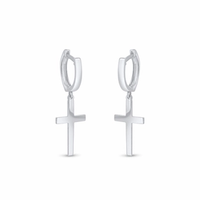 Rhodium Plated 925 Sterling Silver Cross 10mm Hoop Huggie Earrings - GME00147