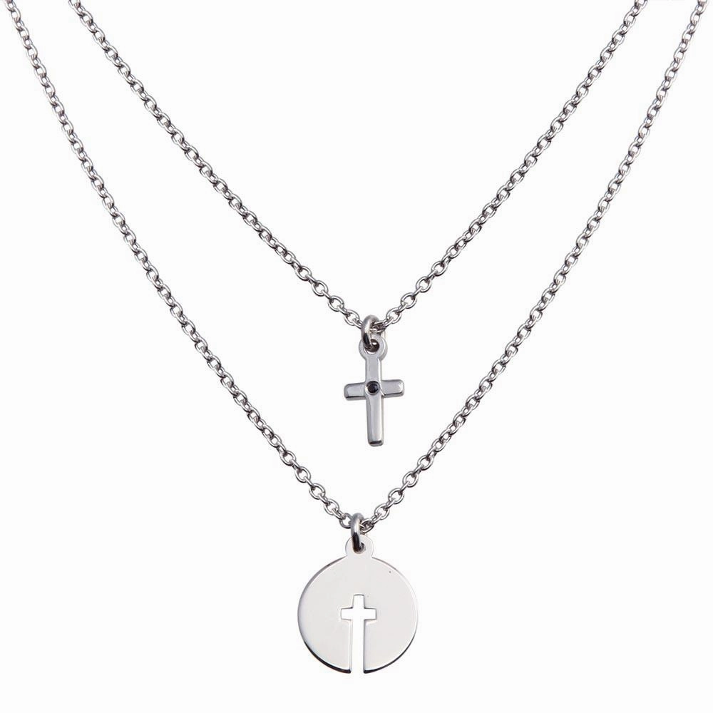 Rhodium Plated 925 Sterling Silver Cross and Cross Cutout Pendant Necklace - SOP00153