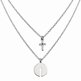 Rhodium Plated 925 Sterling Silver Cross and Cross Cutout Pendant Necklace - SOP00153