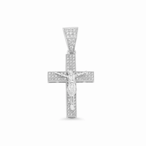 Rhodium Plated 925 Sterling Silver Crucifix Cross Clear CZ 18.4mm x 25.5mm Pendant - GMP00179