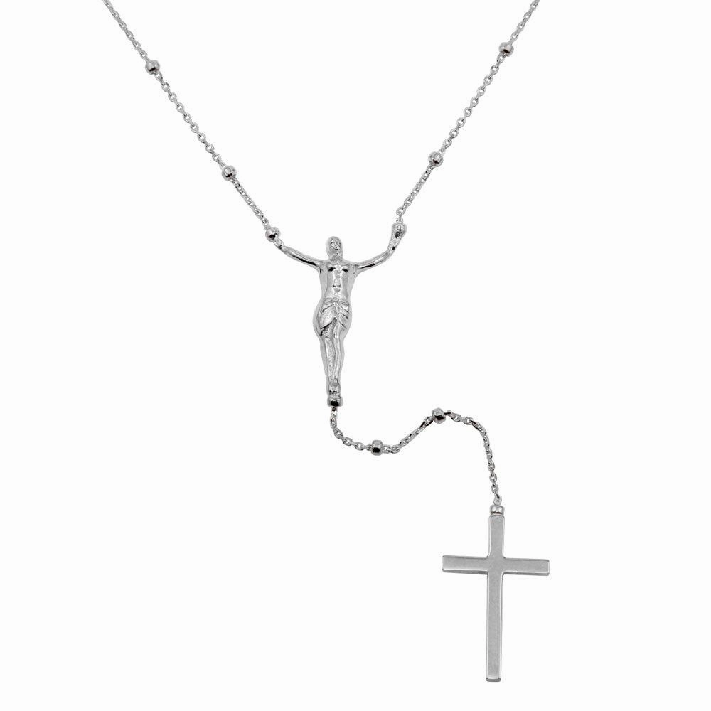 Rhodium Plated 925 Sterling Silver Crucifix Rosary Necklace - DIN00094RH