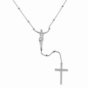 Rhodium Plated 925 Sterling Silver Crucifix Rosary Necklace - DIN00094RH