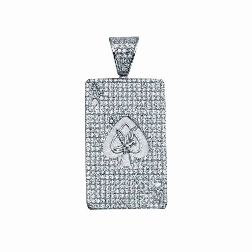 Rhodium Plated 925 Sterling Silver CZ Ace Card Hip Hop Pendant - SLP00026