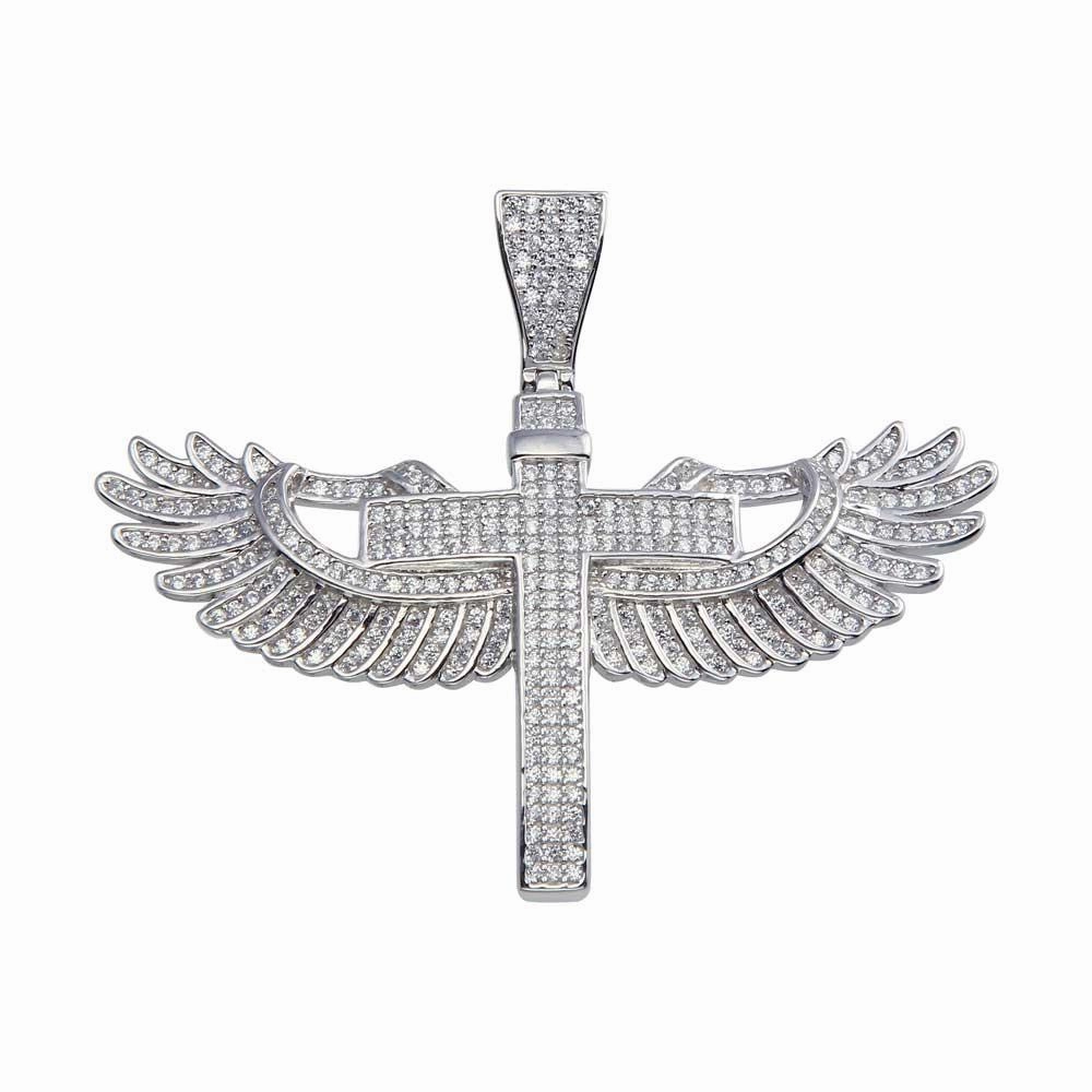 Rhodium Plated 925 Sterling Silver CZ Angel Wing Cross Hip Hop Pendant - SLP00042.