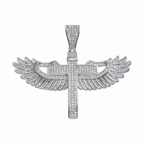Rhodium Plated 925 Sterling Silver CZ Angel Wing Cross Hip Hop Pendant - SLP00042.