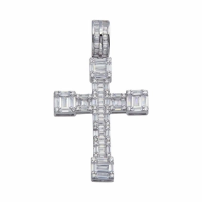 Rhodium Plated 925 Sterling Silver CZ Border Baguette Cross Hip Hop Pendant - SLP00081.