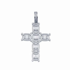 Rhodium Plated 925 Sterling Silver CZ Cross Hip Hop Pendant - SLP00156