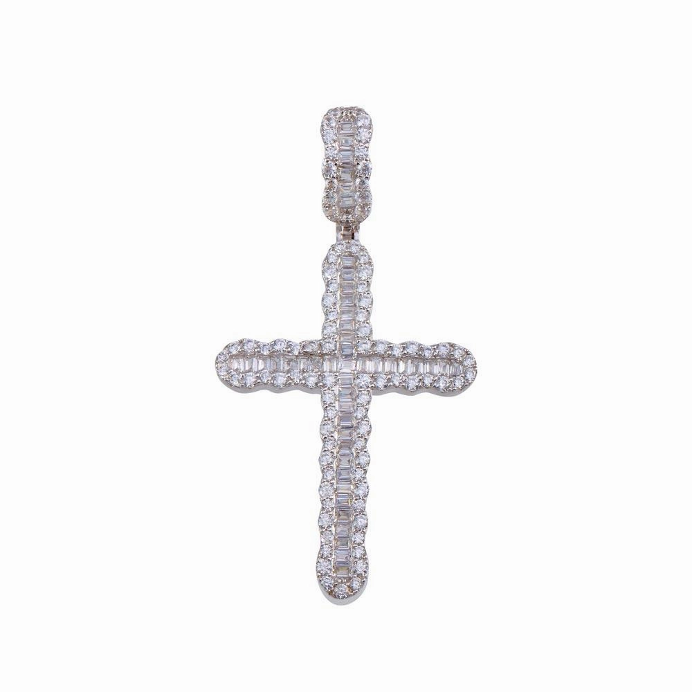 Rhodium Plated 925 Sterling Silver CZ Cross Hip Hop Pendant - SLP00160