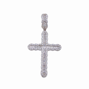 Rhodium Plated 925 Sterling Silver CZ Cross Hip Hop Pendant - SLP00160
