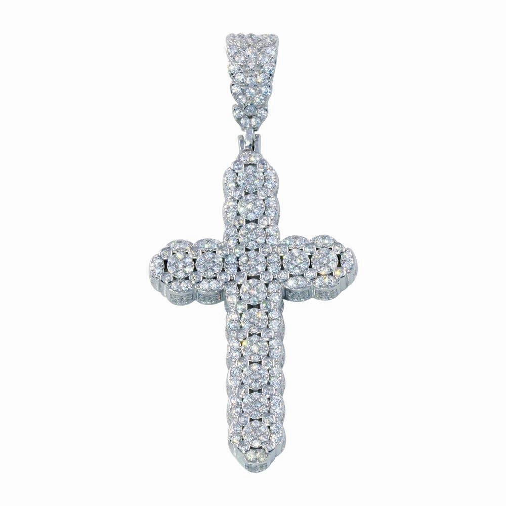 Rhodium Plated 925 Sterling Silver CZ Cross Hip Hop Pendant - SLP00181