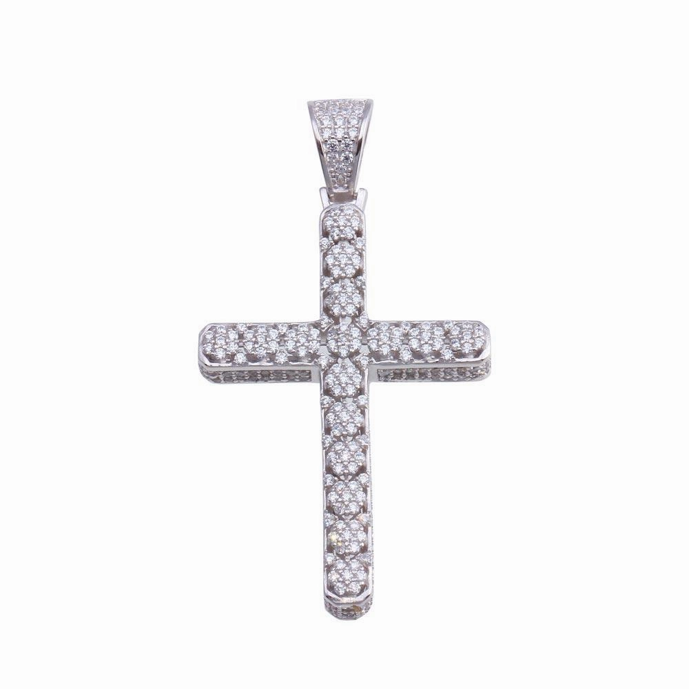 Rhodium Plated 925 Sterling Silver CZ Cross Hip Hop Pendant - SLP00184
