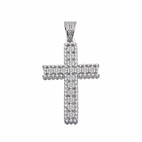 Rhodium Plated 925 Sterling Silver CZ Cross Hip Hop Pendant - SLP00186