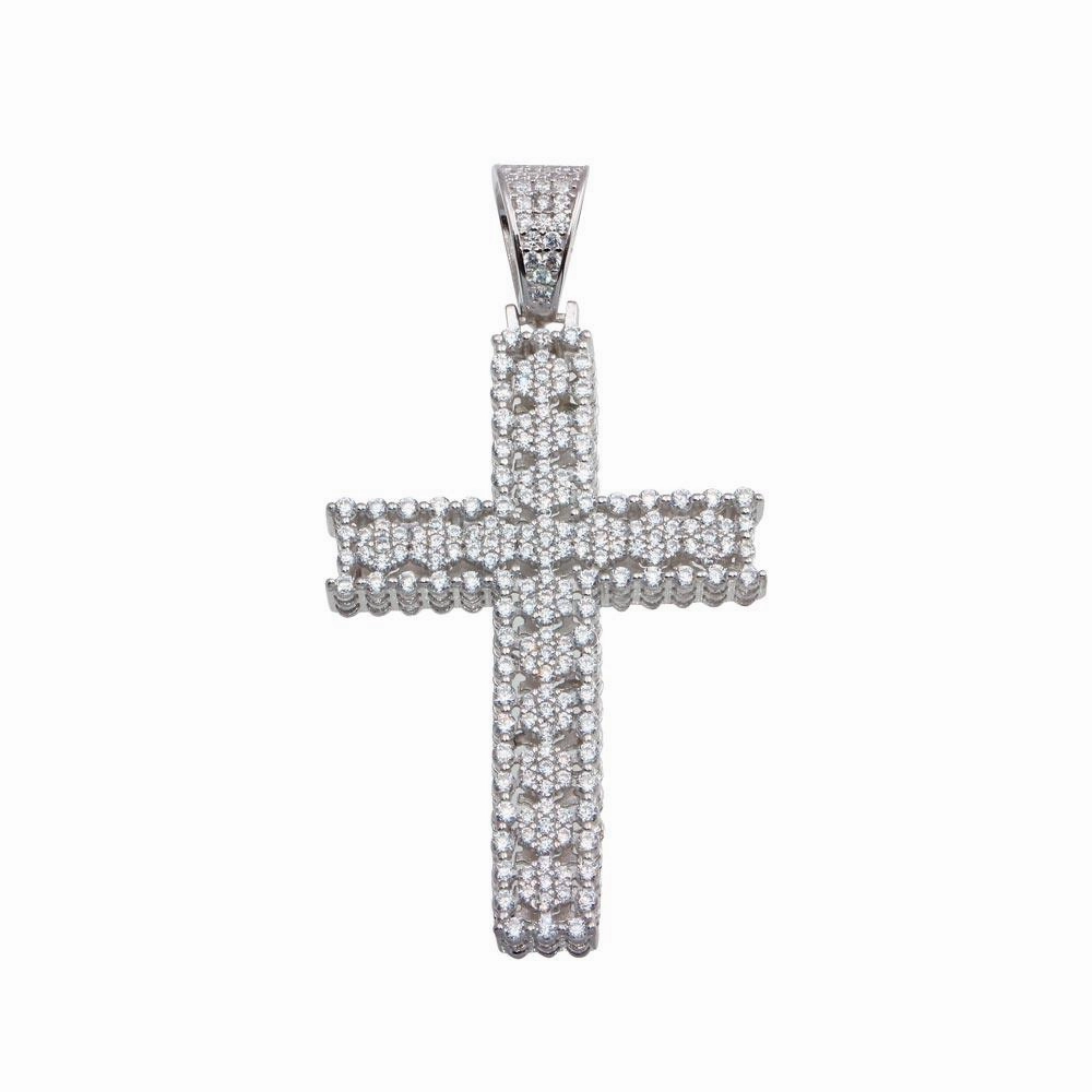 Rhodium Plated 925 Sterling Silver CZ Cross Hip Hop Pendant - SLP00186