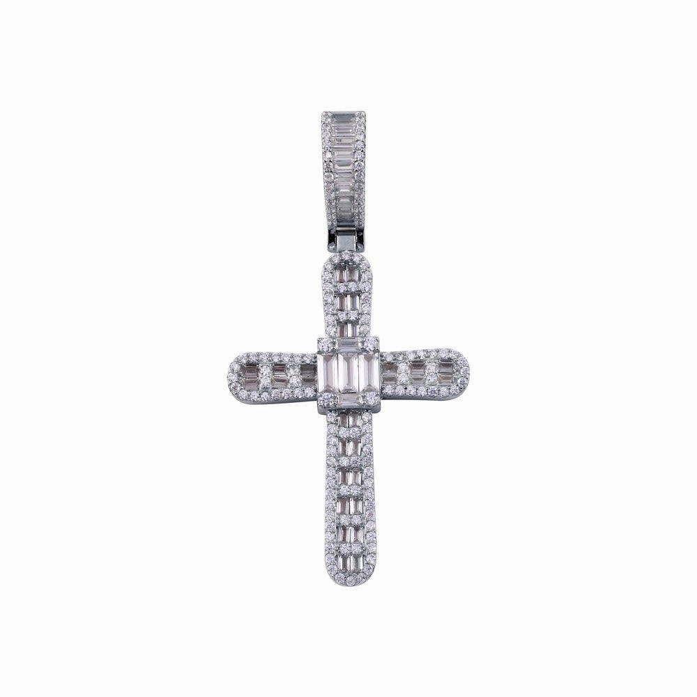 Rhodium Plated 925 Sterling Silver CZ  Cross Hip Hop Pendant - SLP00270RH