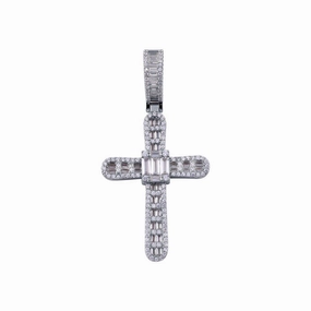 Rhodium Plated 925 Sterling Silver CZ  Cross Hip Hop Pendant - SLP00270RH