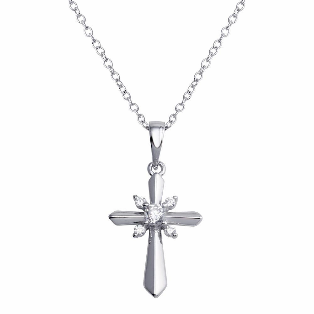 Rhodium Plated 925 Sterling Silver CZ Cross Necklace - BGP01288
