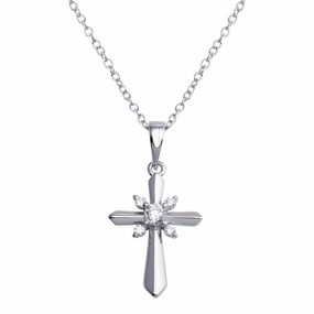 Rhodium Plated 925 Sterling Silver CZ Cross Necklace - BGP01288