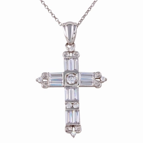 Rhodium Plated 925 Sterling Silver CZ Cross Necklace - GMP00016