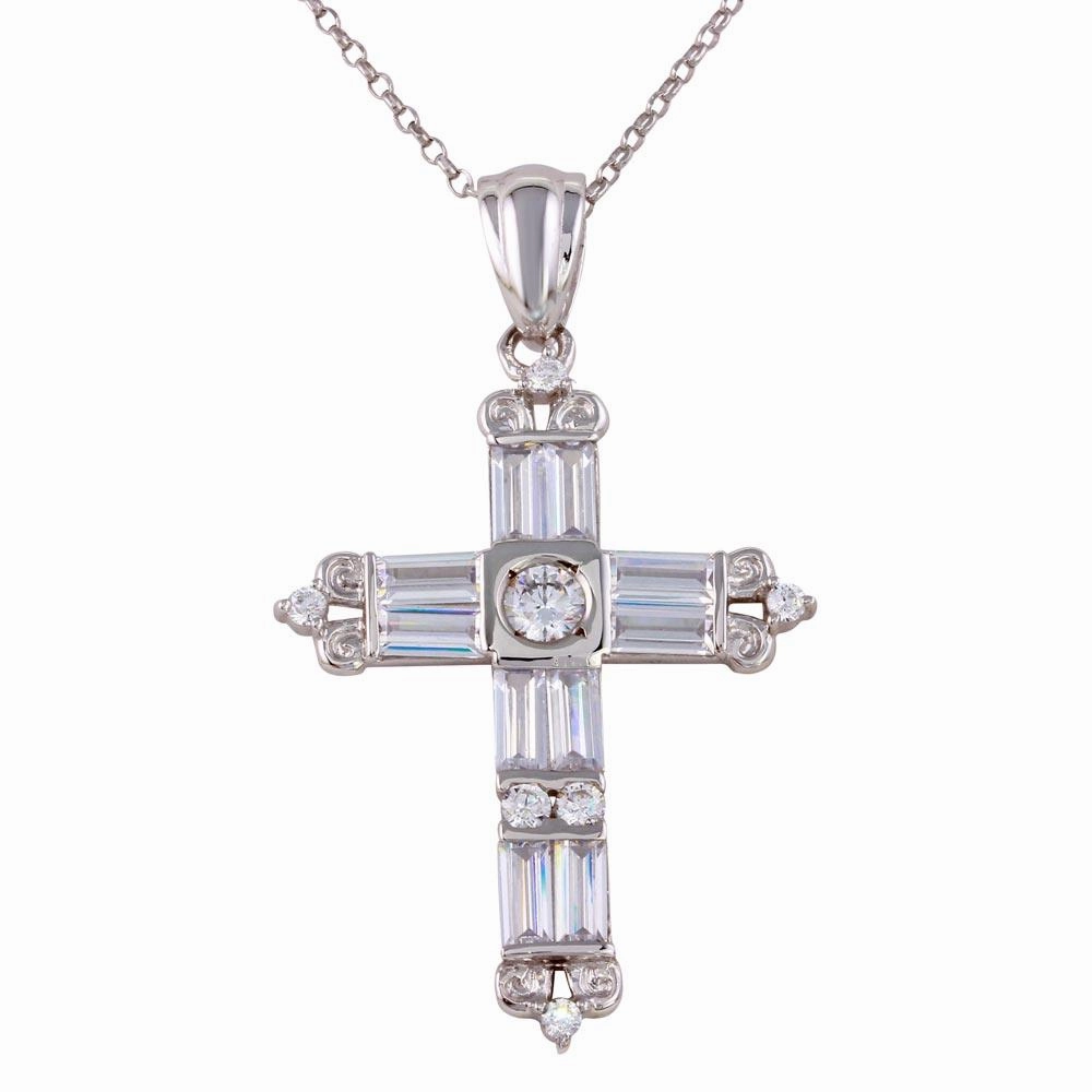 Rhodium Plated 925 Sterling Silver CZ Cross Necklace - GMP00016