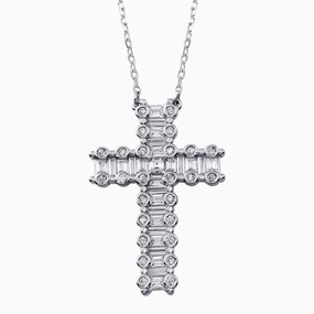 Rhodium Plated 925 Sterling Silver CZ Cross Necklace -BGP01346