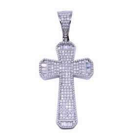 Rhodium Plated 925 Sterling Silver CZ Cross Pendant - SLP00319