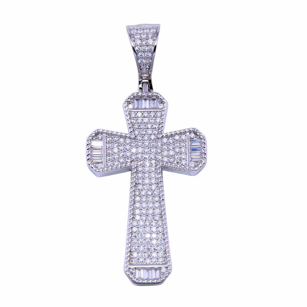 Rhodium Plated 925 Sterling Silver CZ Cross Pendant - SLP00319
