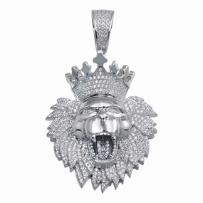 Rhodium Plated 925 Sterling Silver CZ Crowned Lion Hip Hop Pendant - SLP00024