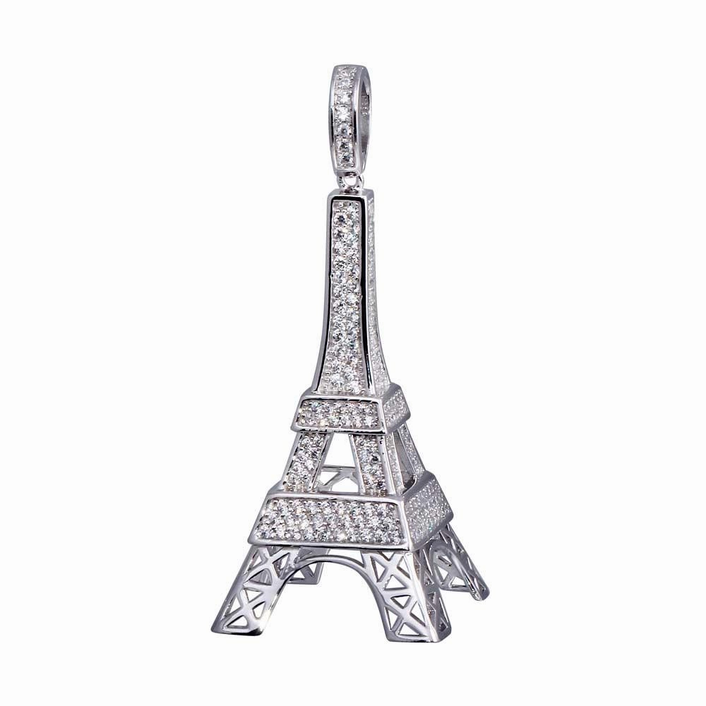 Rhodium Plated 925 Sterling Silver CZ Eiffel Tower Hip Hop Pendant - SLP00053