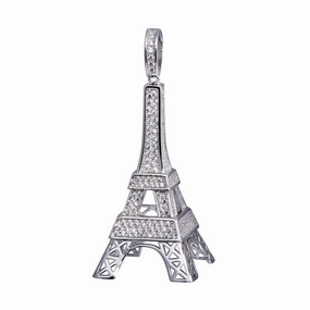 Rhodium Plated 925 Sterling Silver CZ Eiffel Tower Hip Hop Pendant - SLP00053