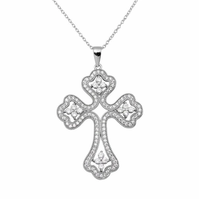 Rhodium Plated 925 Sterling Silver CZ Encrusted Open Cross Necklace - BGP01141CLR
