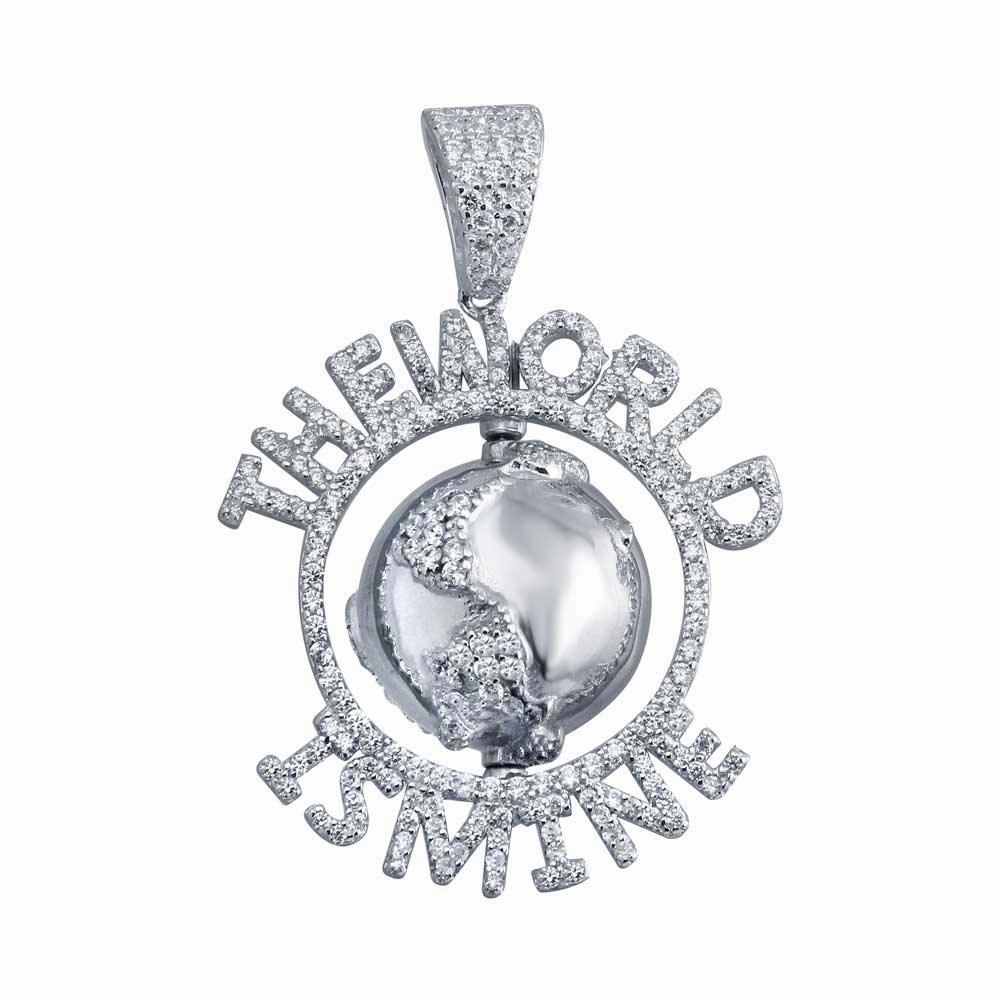 Rhodium Plated 925 Sterling Silver CZ Globe Hip Hop Pendant - SLP00086.