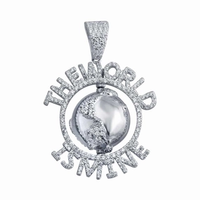Rhodium Plated 925 Sterling Silver CZ Globe Hip Hop Pendant - SLP00086.
