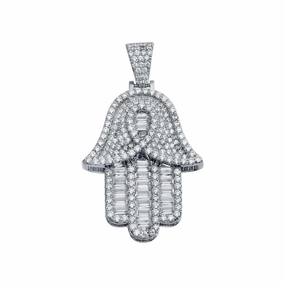 Rhodium Plated 925 Sterling Silver CZ Hamsa Hip Hop Pendant - SLP00005