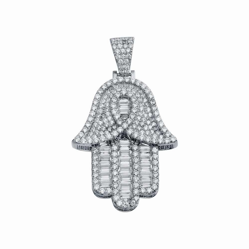 Rhodium Plated 925 Sterling Silver CZ Hamsa Hip Hop Pendant - SLP00005