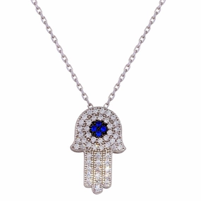Rhodium Plated 925 Sterling Silver CZ Hamsa Necklace - GMN00004