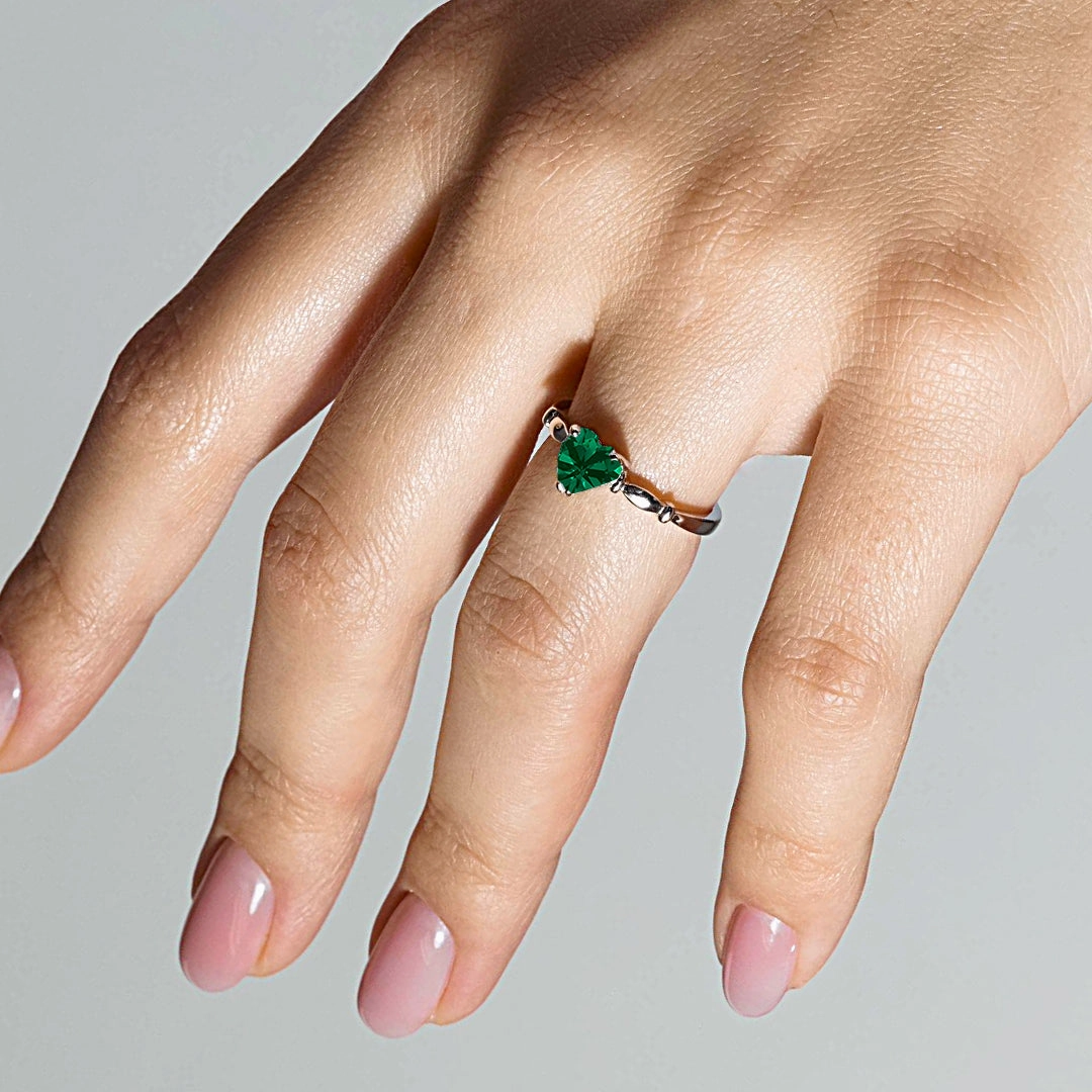 Rhodium Plated 925 Sterling Silver CZ Heart Green May Ring - BGR00521MAY