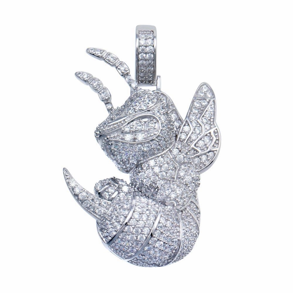 Rhodium Plated 925 Sterling Silver CZ Hornet Hip Hop Pendant - SLP00109