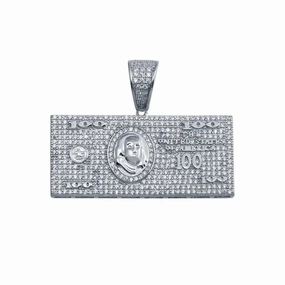 Rhodium Plated 925 Sterling Silver CZ Hundred Dollar Bill Hip Hop Pendant - SLP00028
