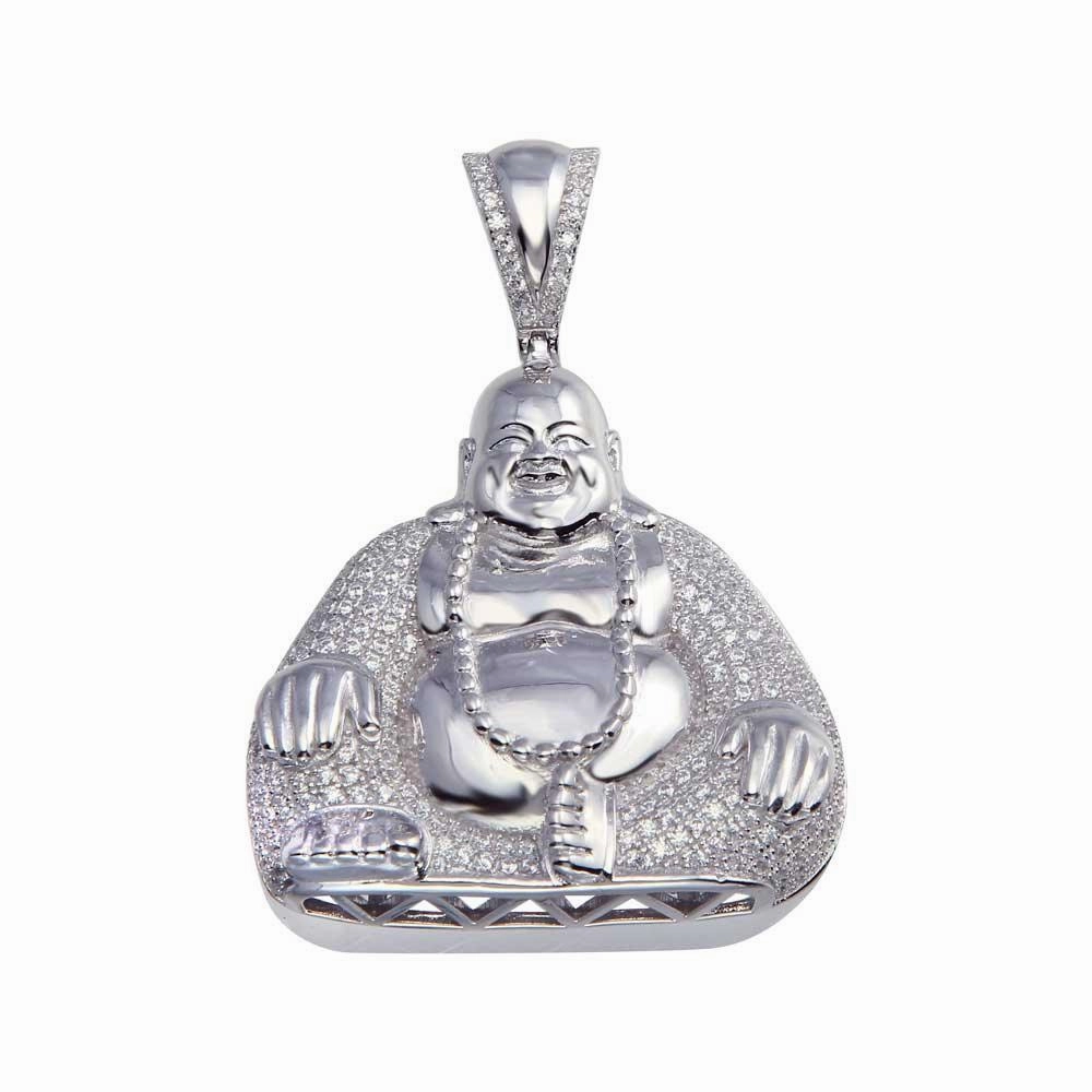 Rhodium Plated 925 Sterling Silver CZ Laughing Buddha Hip Hop Pendant - SLP00040.