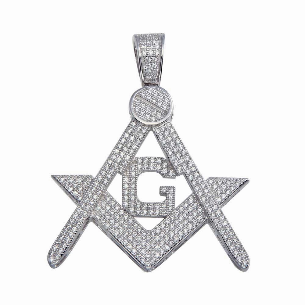 Rhodium Plated 925 Sterling Silver CZ Masonic Symbol Hip Hop Pendant - SLP00069.