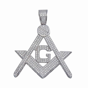 Rhodium Plated 925 Sterling Silver CZ Masonic Symbol Hip Hop Pendant - SLP00069.