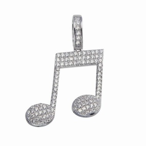 Rhodium Plated 925 Sterling Silver CZ Music Note Hip Hop Pendant - SLP00063.