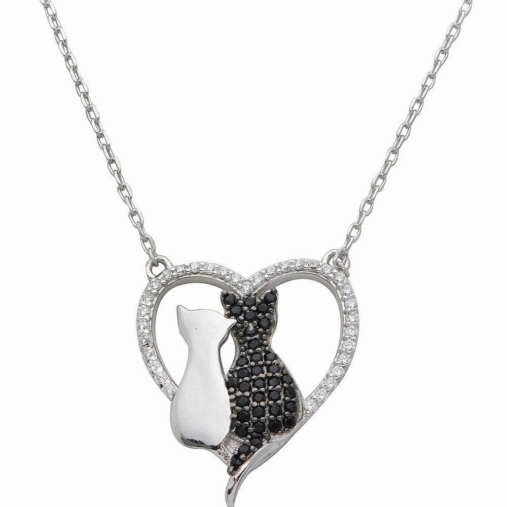 Rhodium Plated 925 Sterling Silver CZ Open Heart with 2 Cat Necklace - STP01527