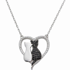Rhodium Plated 925 Sterling Silver CZ Open Heart with 2 Cat Necklace - STP01527