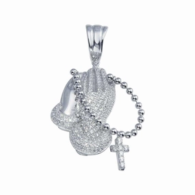Rhodium Plated 925 Sterling Silver CZ Prayer Hand with Rosary Hip Hop Pendant - SLP00048.