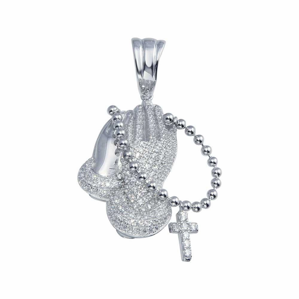 Rhodium Plated 925 Sterling Silver CZ Prayer Hand with Rosary Hip Hop Pendant - SLP00048.