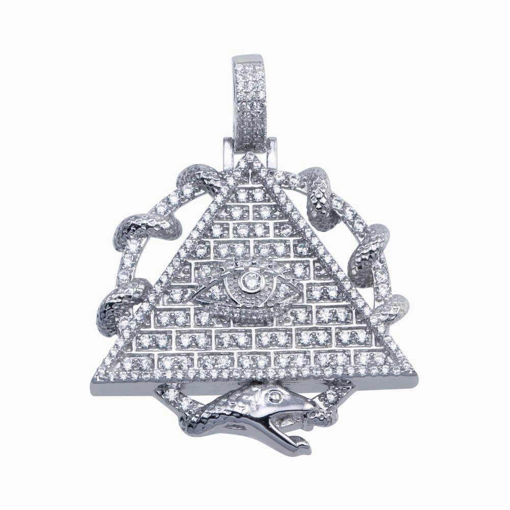 Rhodium Plated 925 Sterling Silver CZ Pyramid Eye Hip Hop Pendant - SLP00094