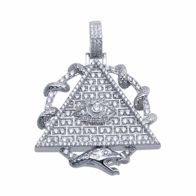 Rhodium Plated 925 Sterling Silver CZ Pyramid Eye Hip Hop Pendant - SLP00094