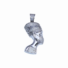 Rhodium Plated 925 Sterling Silver CZ Queen Nafertiti Hip Hop Pendant - SLP00254